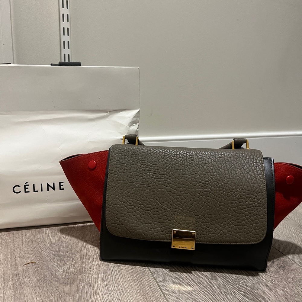 CELINE Tricolor Medium Trapeze Handbag black, gray red leather bag